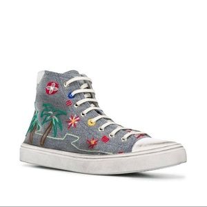 Saint Laurent Tropical-Embroidered High Top Bedford Distressed Sneakers SZ 38.5